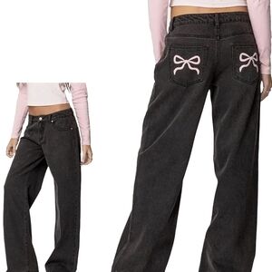 Women's Wide Leg Black Jeans with Pink Bow Detail
